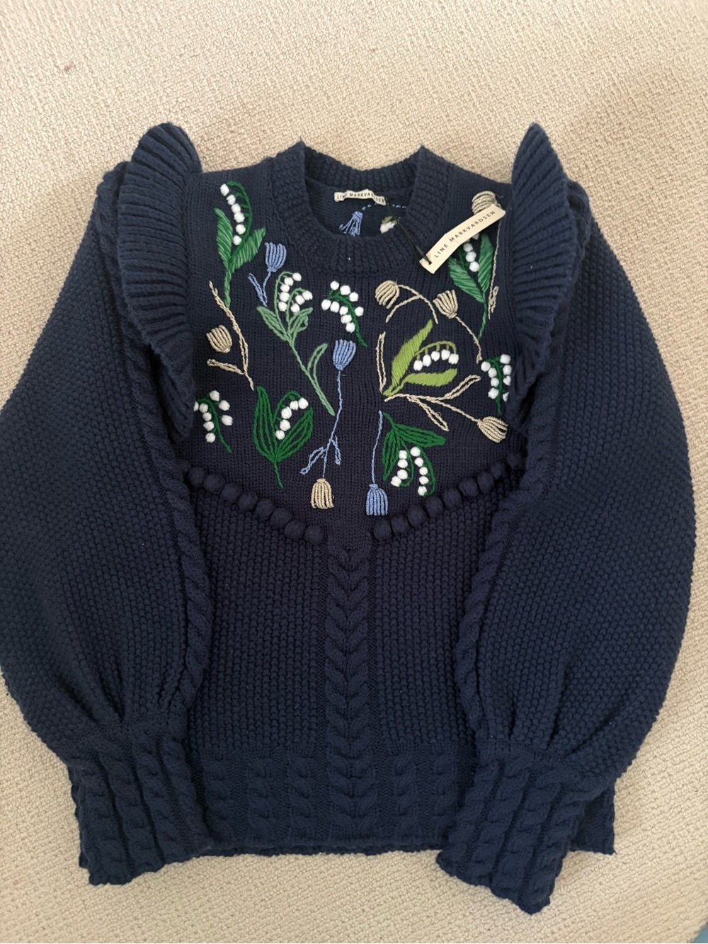 Navy Embroidered Floral Cable-Knit Crewneck Sweater NWT